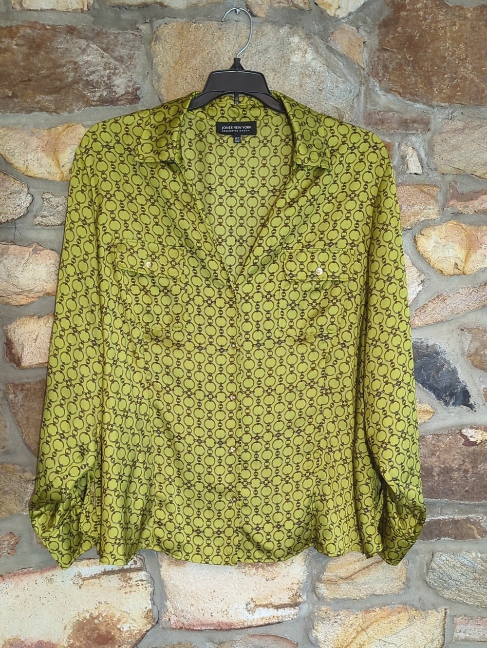 Jones New York Lime Green Geometric Print Button-Front Blouse